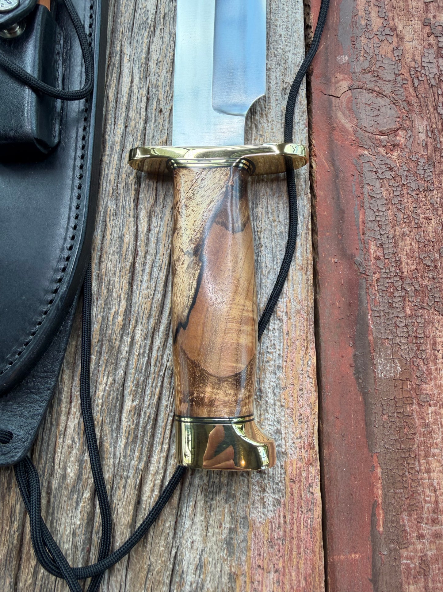 New in Paper Randall Knife 12-9 Spalted Maple wood handle, Double Brass Hilt + Crows Beak Butt Cap, Stainless Steel.
