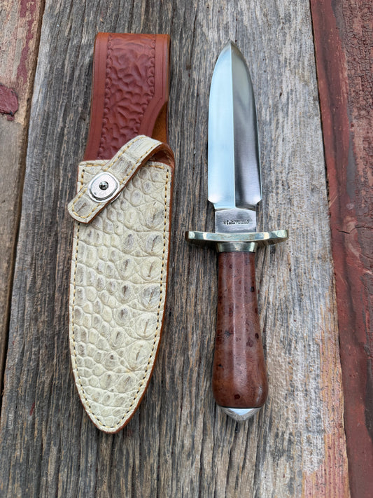 Randall Knife Clinton Special TC Nickel Silver Hilt and Collar, Stainless Steel, Thuya Burl, aluminum butt cap. Cream Croc Sheath.