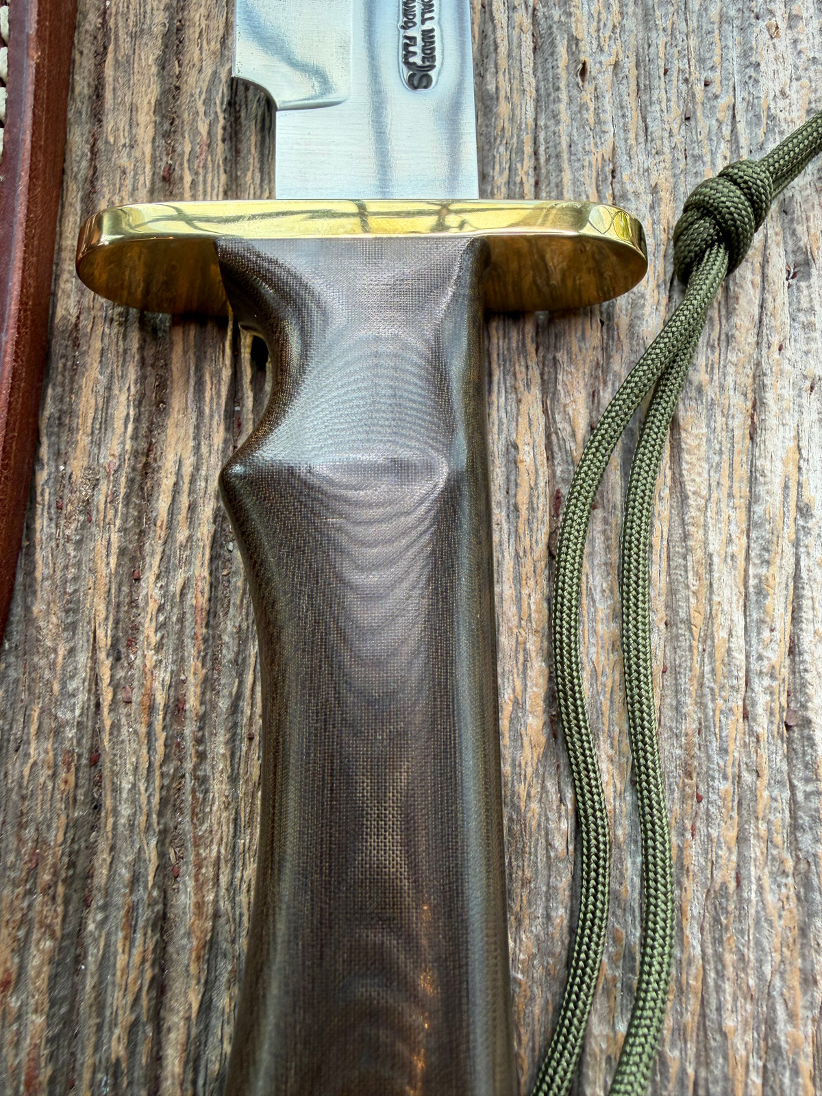 Nice Paper Randall Model Buxton Fighter # 1140 Brown Micarta, Lanyard SS Nickel Silver Double Hilt, Skull Crusher.