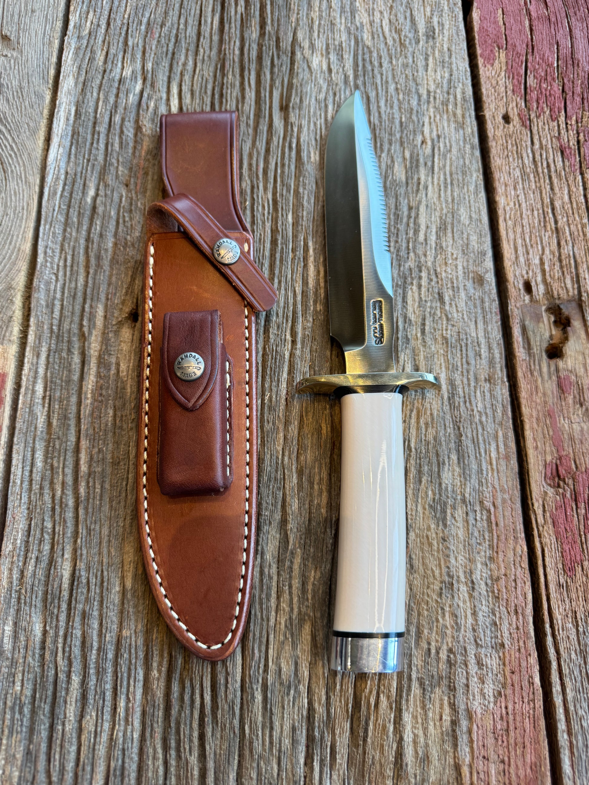 Randall Knife Model 1-7 Warther Resin Ivory. Nickel Silver Hilt, Stainless Steel Blade, black spacers.
