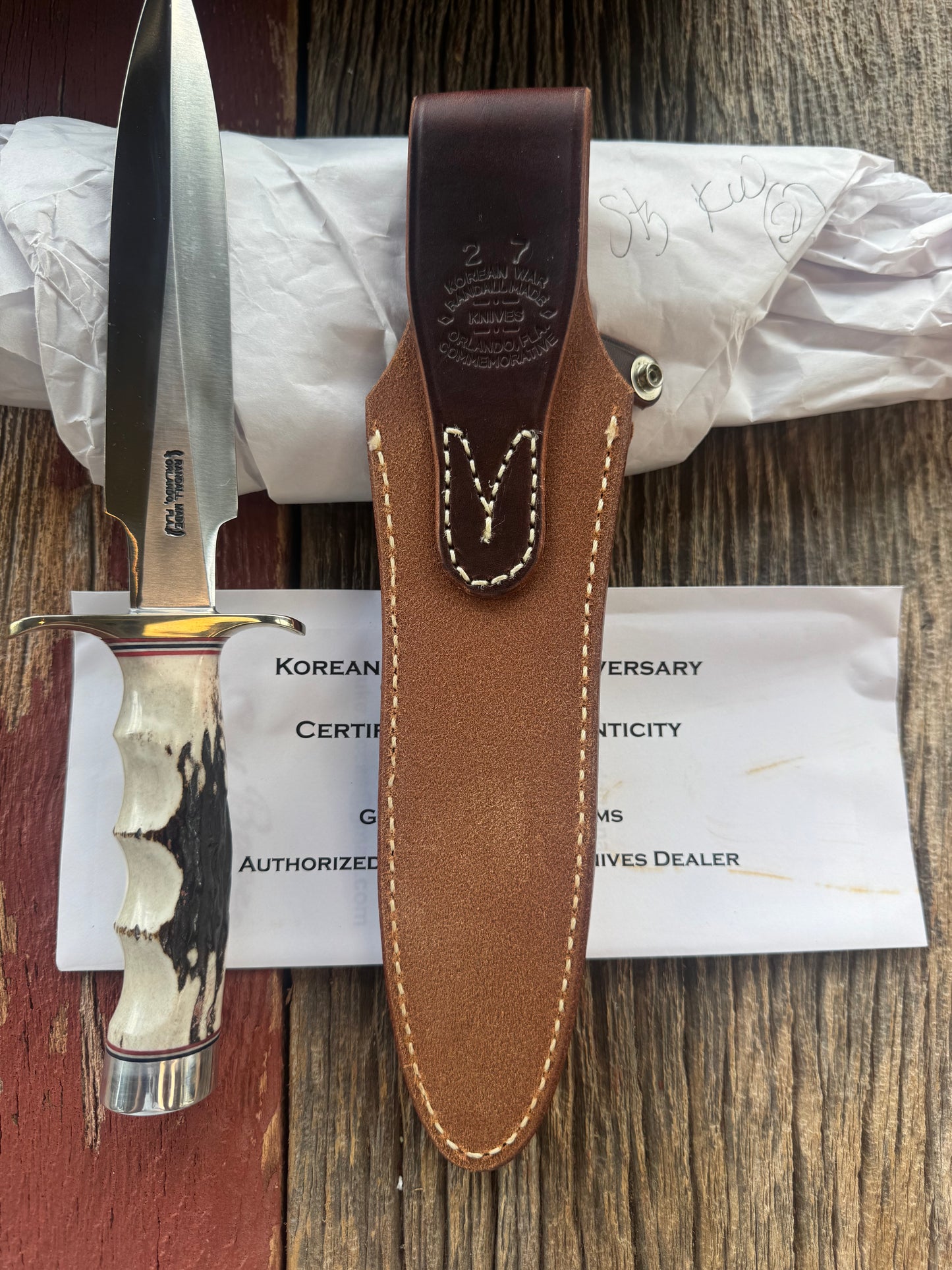New in Paper Randall Knife Model 2-7 Korean War Commemorative 1 of 50 made Stag with finger grooves.