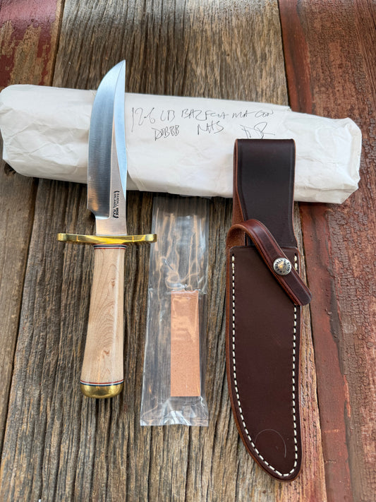 New Paper Randall Made Knife Model 12-6 supplied Maple handle, carbon  blade, brass hilt and rounded butt cap. Red white and blue spacers