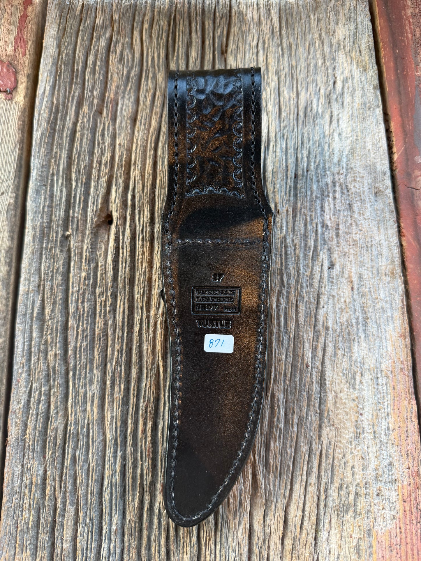 Randall Model 27 Trailblazer in Exotic Black Snapping Turtle Horned/Dragon Tail Sheath from Treeman. New version with a Black Canteen Snap.