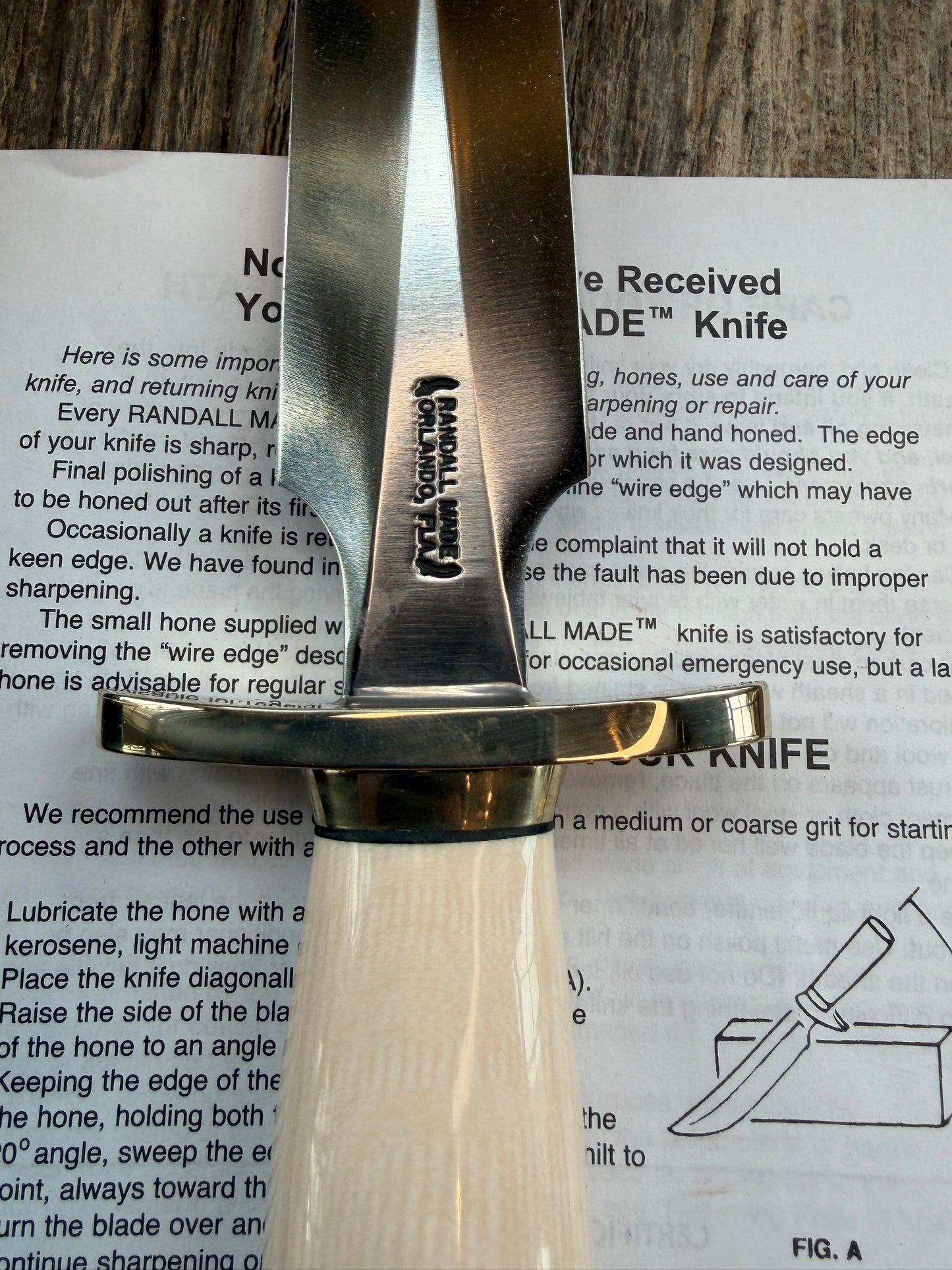 New Randall Knife Model 2-8 Warther Resin Ivory. Nickel Silver Hilt plus collar. Stainless Steel Blade, flanged butt cap.