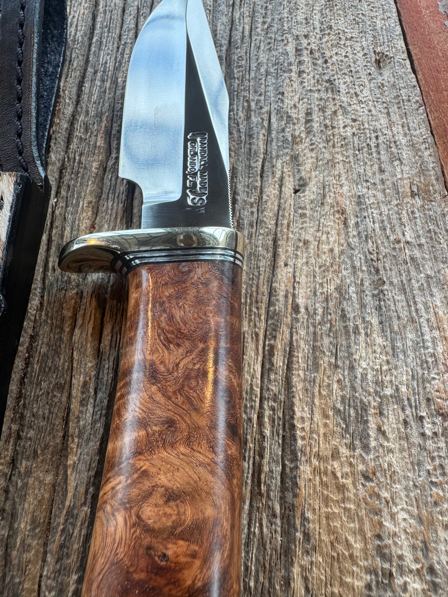 Randall Knife Model 23 Amboyna Burl wood Handle, Stainless Steel blade, Nickel Silver hilt and Butt cap. Exotic Zebra Sheath.