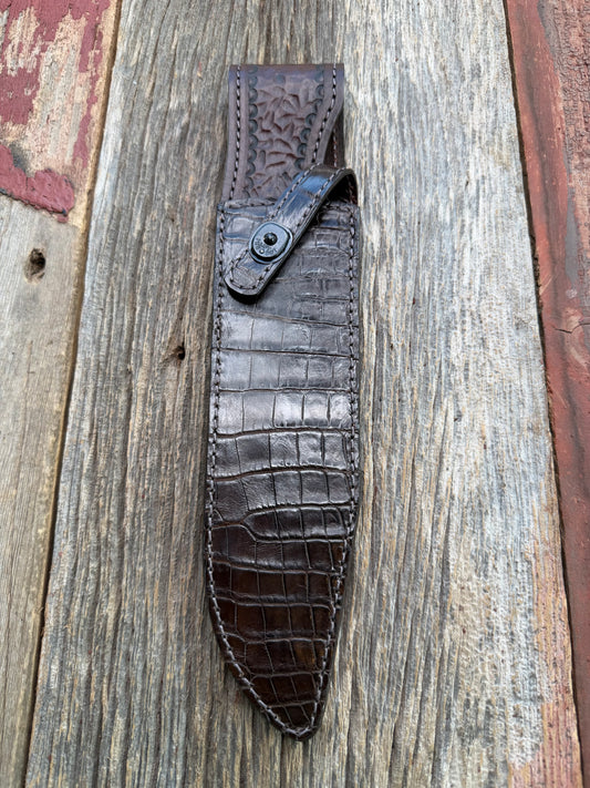 New Randall Model 12-9/14 Grind  Sheath in Exotic Chocolate Brown Matte Crocodile from Treeman with the newest Black Canteen snap. Killer sheath.