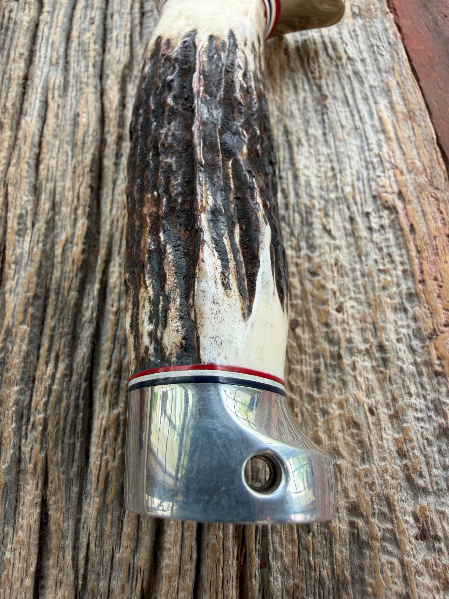 Nice Randall Model 19-4 with a Gnarly Stag. Nickel silver Single Hilt and Aluminum crows beak Butt plate. RWB spacers.