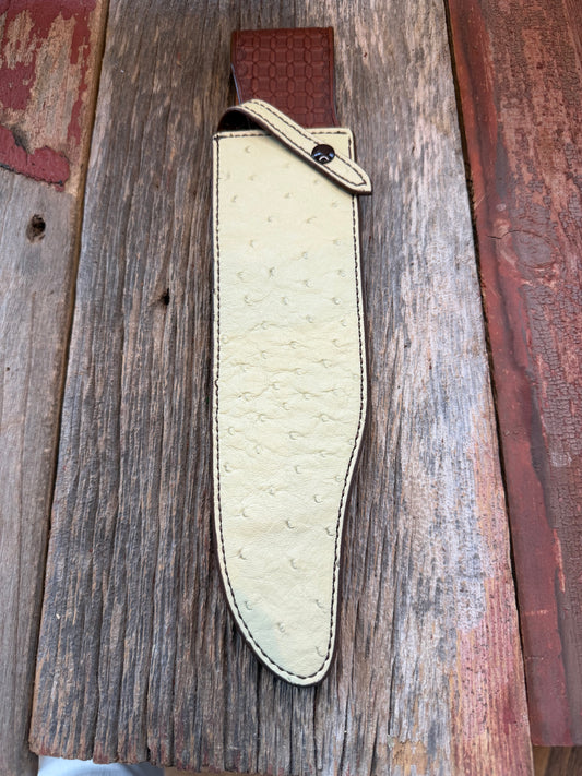 New Randall Model 12-11 Smithsonian “Smitty” Sheath in Exotic cream colored Ostrich Leg ( very rare) Custom Made at Sullivan’s by Gutcher.