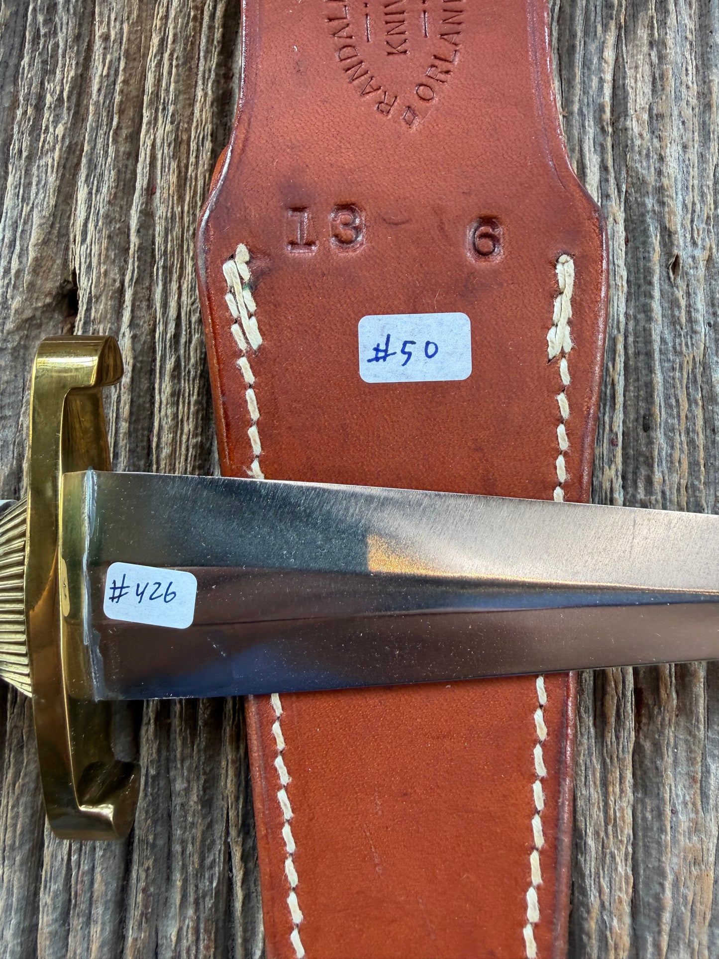 Randall Knife Model 13-6 Small Arkansas Toothpick in Elephant Ivory. Lugged Hilt, Scalloped brass collar and Coolie bottom,