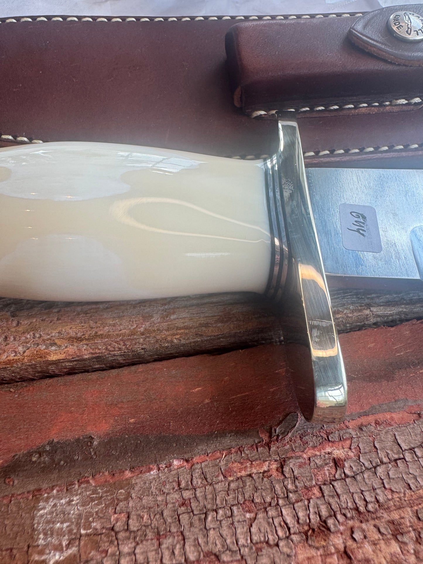 New in Paper Model 12-11 Confederate Bowie. Beautiful creamy Fossil Walrus Ivory with a Nickel  Silver forward curved hilt and butt cap. Unreal Scrim opportunity!! Blank Canvas..