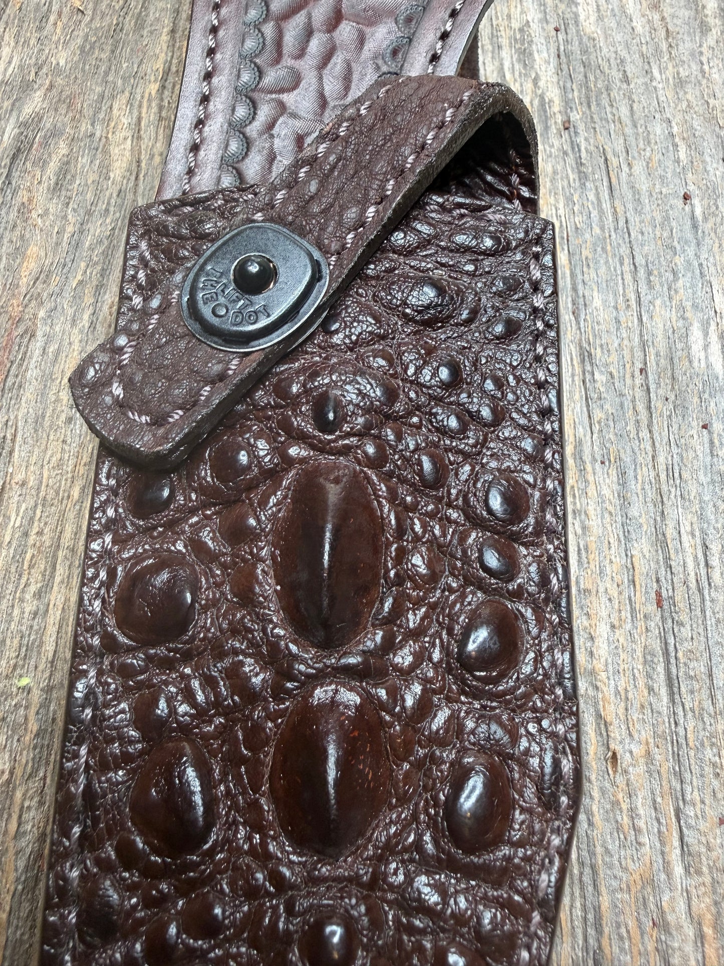 Randall Model 12-8 “Big Bear” Sheath in Exotic Dark Brown Snapping Turtle by Treeman. FCH and new black canteen snap… Spiked Dragon tail portion of the turtle.