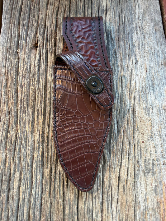 New Randall Model 19-5 Sheath in Exotic Dark Brown Crocodile from Treeman with the newest Black Canteen snap.