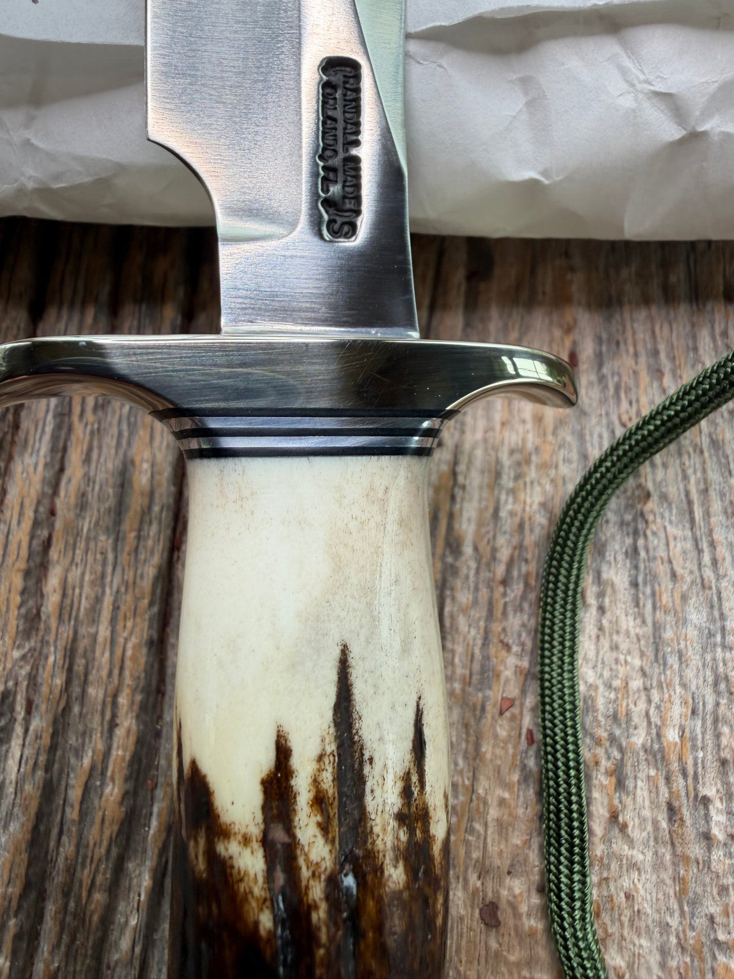 New in Paper Randall Knife Model #8-4 Old Style Trout And Bird Stag Handle, Stainless steel, Lanyard.