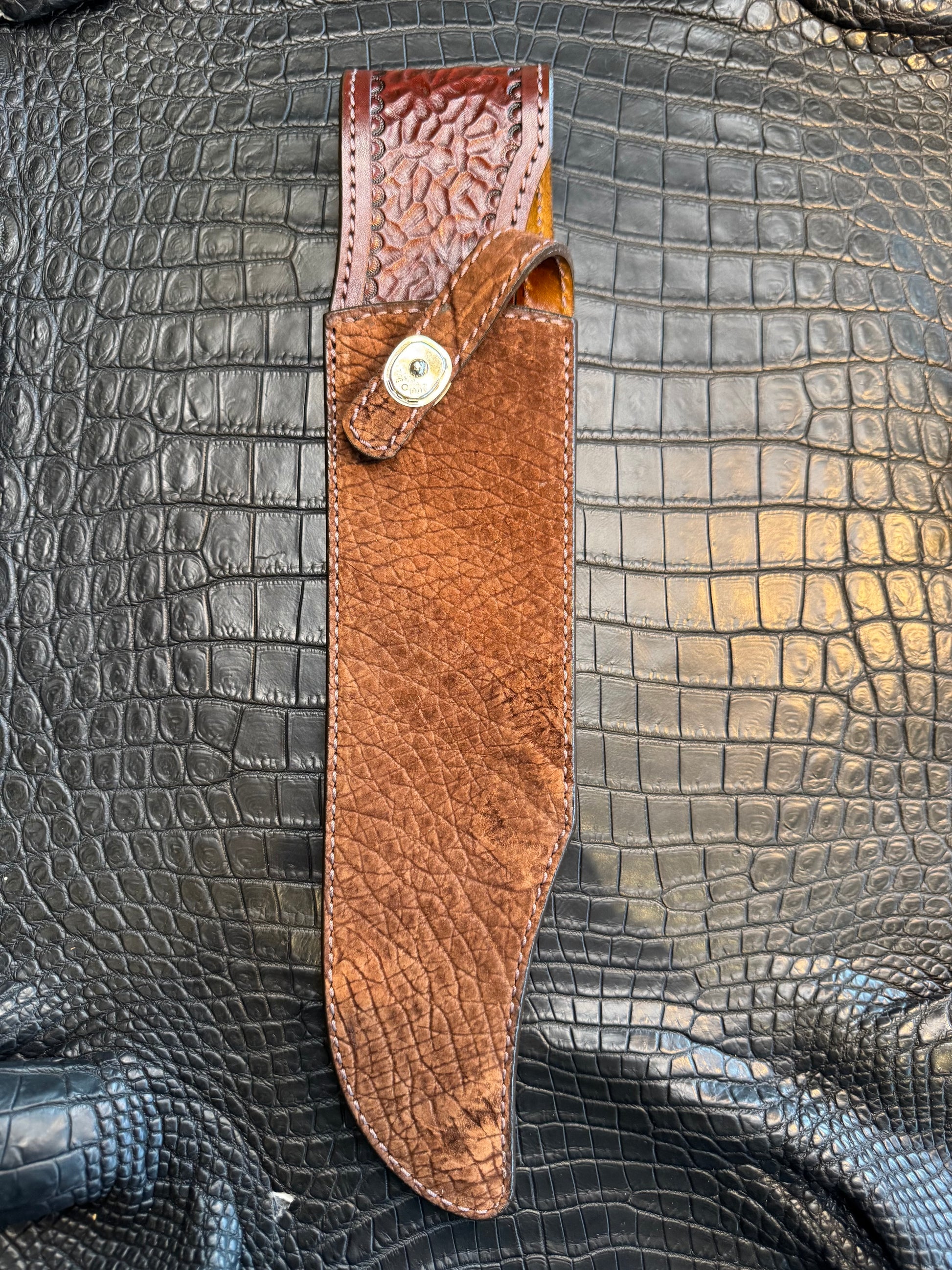 Randall Model 12-11 Smithsonian “Smitty” in Chocolate Hippo, forward curved hilt, Canteen Snap, full brass stamping and stitching.