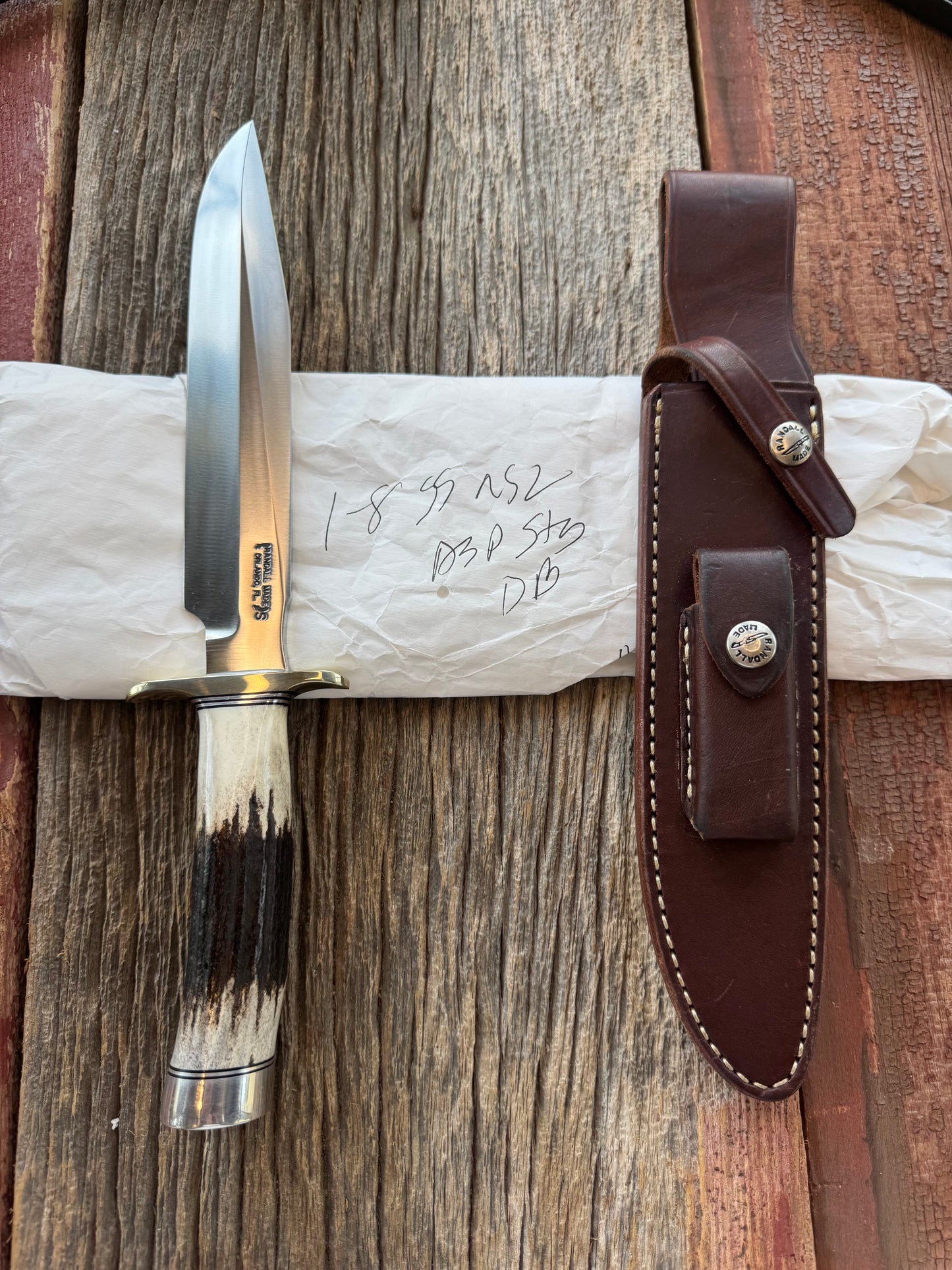 New in paper Randall Model 1-8 with shop Stag. Nickel silver Hilt and Aluminum Butt cap.