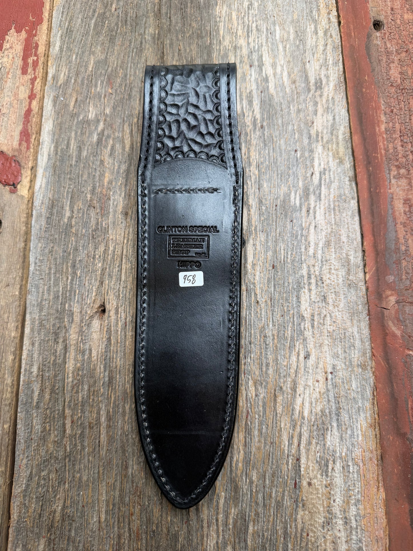 Randall Model Clinton Special in Black Hippo, forward curved hilt, black Canteen Snap, full brass stamping and stitching.