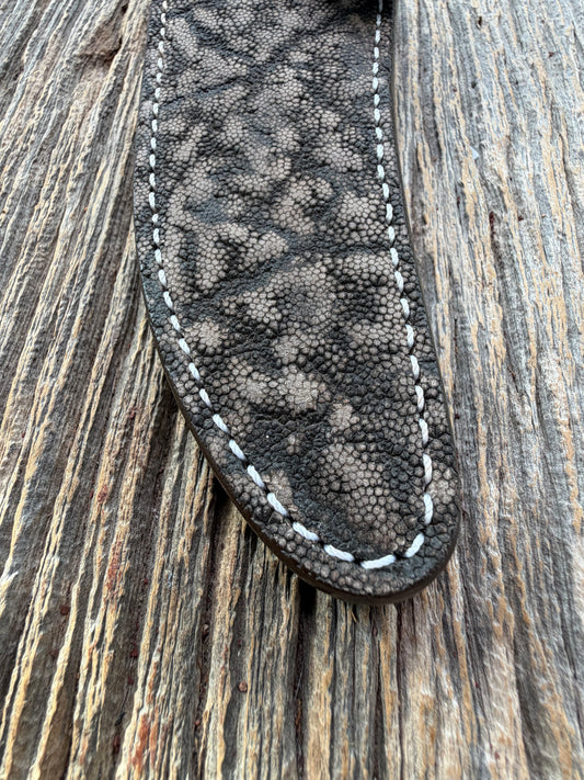 New Randall Model 27 Sheath in Exotic thick and textured Black and Grey Elephant Ear  on brown leather from Treeman with a silver Canteen snap. Hand tooled belt loop. Killer sheath.