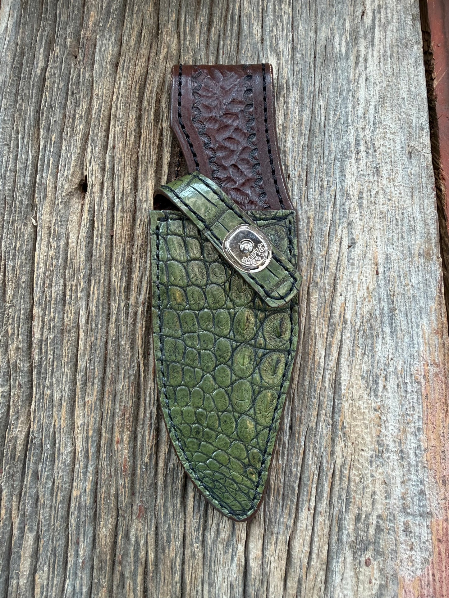 Randall Model 19-5 Exotic Army Green Crocodile Sheath from Treeman.