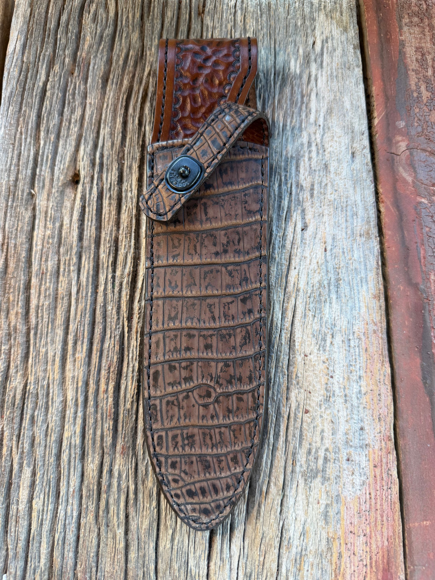 New Randall Model Clinton Special Sheath in Exotic Dark Brown Sueded Crocodile from Treeman with the newest Black Canteen snap.