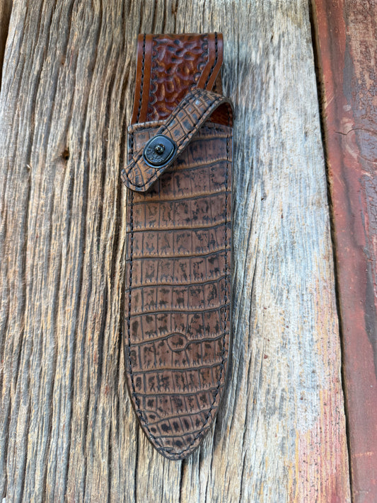 New Randall Model Clinton Special Sheath in Exotic Dark Brown Sueded Crocodile from Treeman with the newest Black Canteen snap.