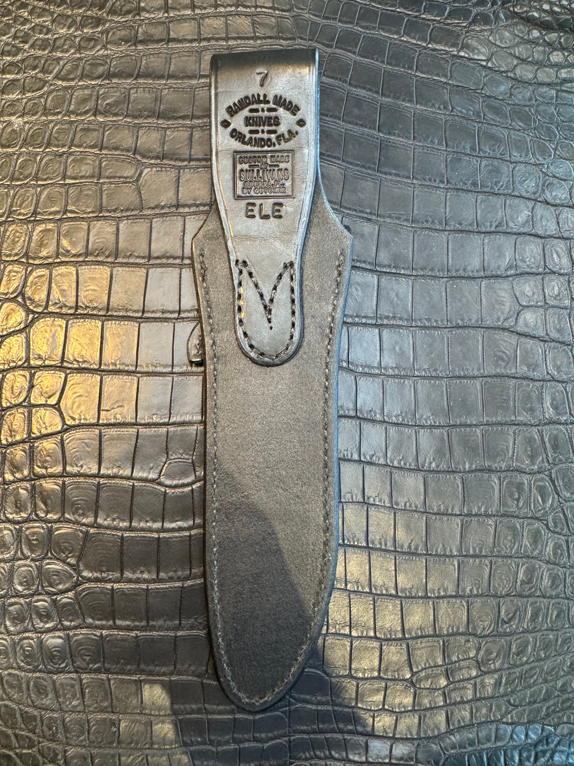 New Randall Model 1-7 or 2-7 Sheath in Exotic Black Elephant Custom Made at Sullivan’s by Gutcher.