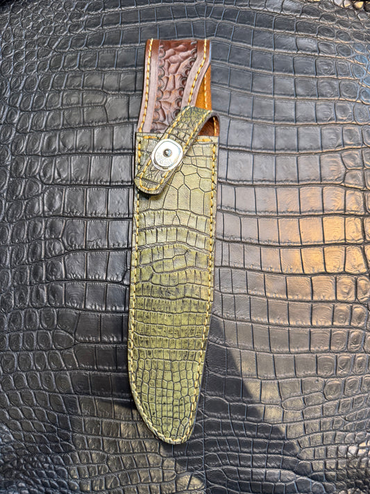 Randall Model 1-8 in Army Green Crocodile. Straight hilt, Canteen Snap, full brass stamping and stitching.