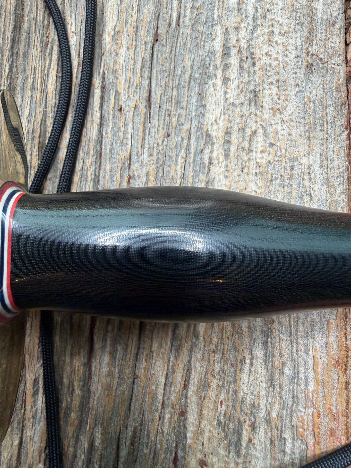 Nice Randall Model 12-9 in black Micarta handle. Red white and Blue spacers, Double Nickel Silver hilt, aluminum butt cap. Stainless blade.