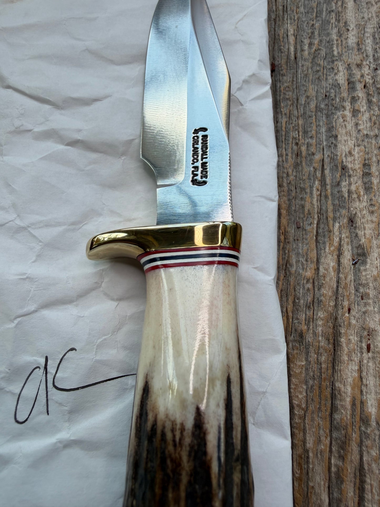 New Randall Knife Model 8-4 New Catalog Old Style Trout & Bird Carbon & Stag, Red white and blue spacers.