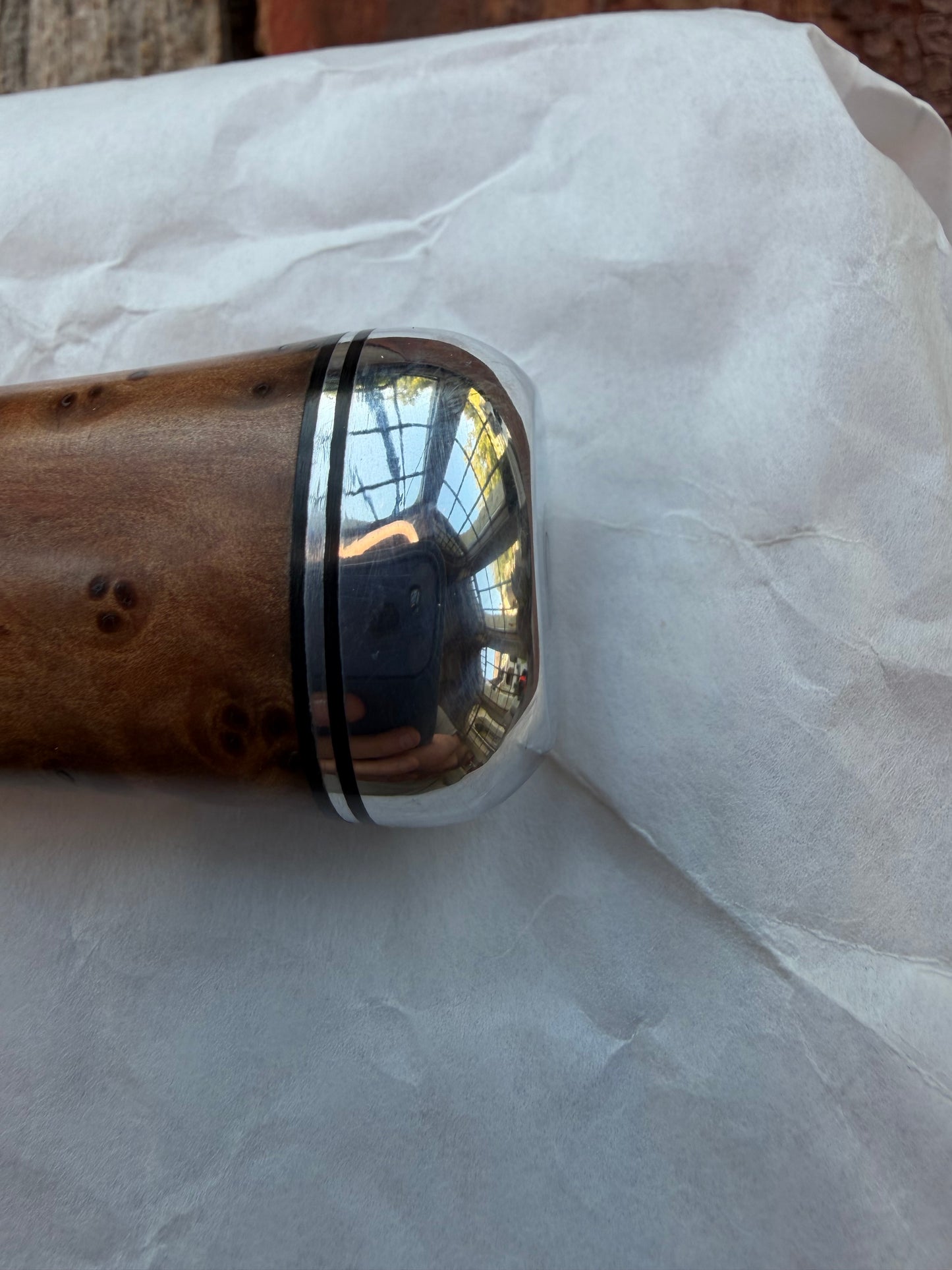 New in Paper Randall Model “Gambler” 4 Inch in Thuya Wood, Nickel hilt, Stainless, black and aluminum spacers.