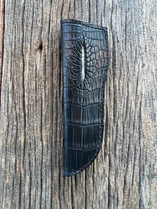 Randall Model 26 Sheath in Exotic Black Croc ( Anus Cut)Throat style from Treeman. This is a left hand sheath.