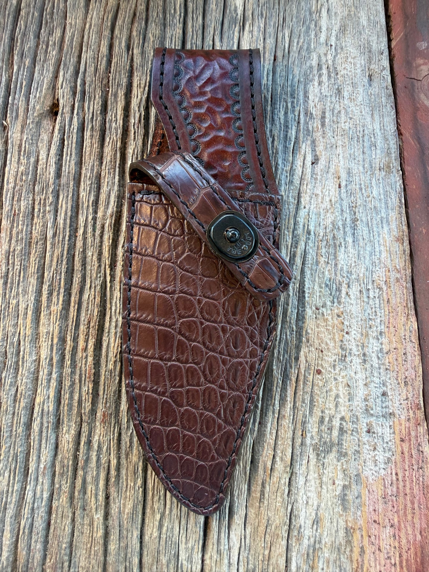 New Randall Model 19-5 Sheath in Exotic Dark Brown Crocodile from Treeman with the newest Black Canteen snap.