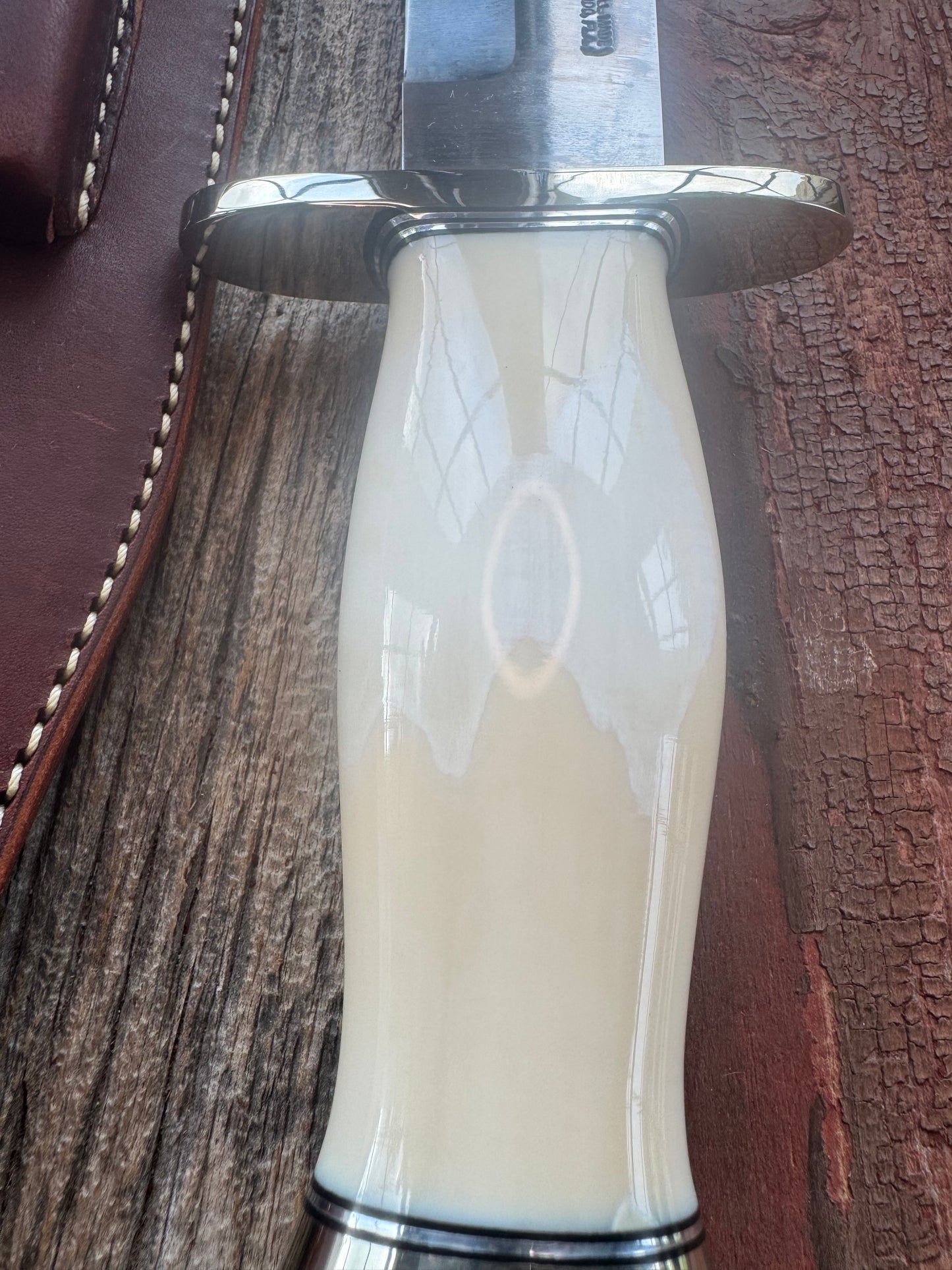 New in Paper Model 12-11 Confederate Bowie. Beautiful creamy Fossil Walrus Ivory with a Nickel  Silver forward curved hilt and butt cap. Unreal Scrim opportunity!! Blank Canvas..