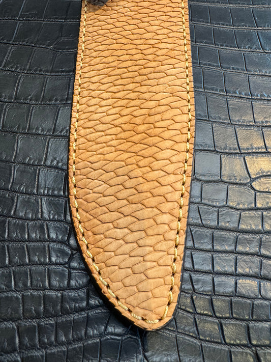 Randall Model 14 in Beaver Tail, Straight hilt, Canteen Snap, full brass stamping and stitching.