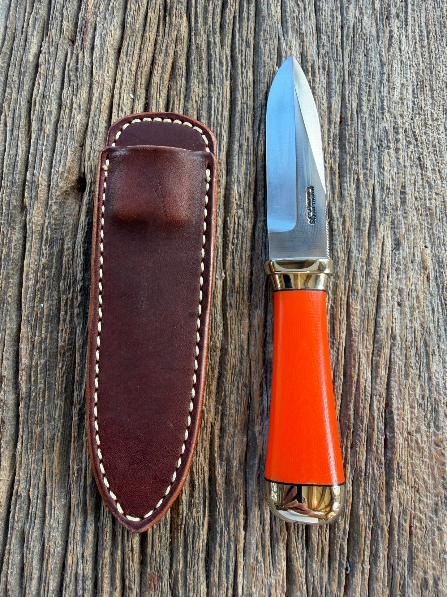 New Randall Model “Gambler” 4 Inch in an Orange G-10 Micarta handle, Nickel Hilt and collar Stainless steel blade, rounded nickel silver butt cap. Loaded!!