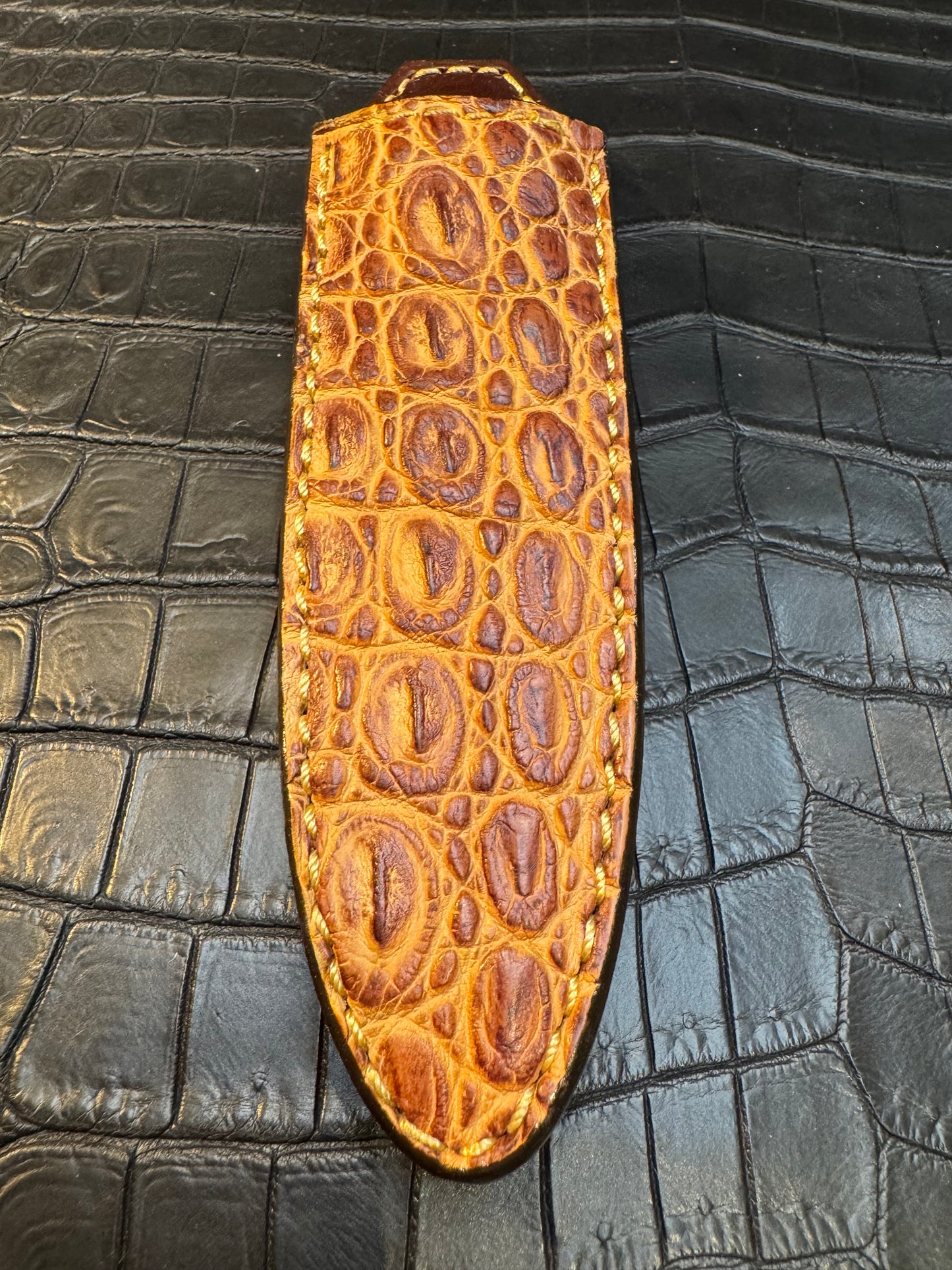 Randall Model 24 “Guardian” Sheath in Exotic Rum Crocodile by Treeman. (Sheath only)