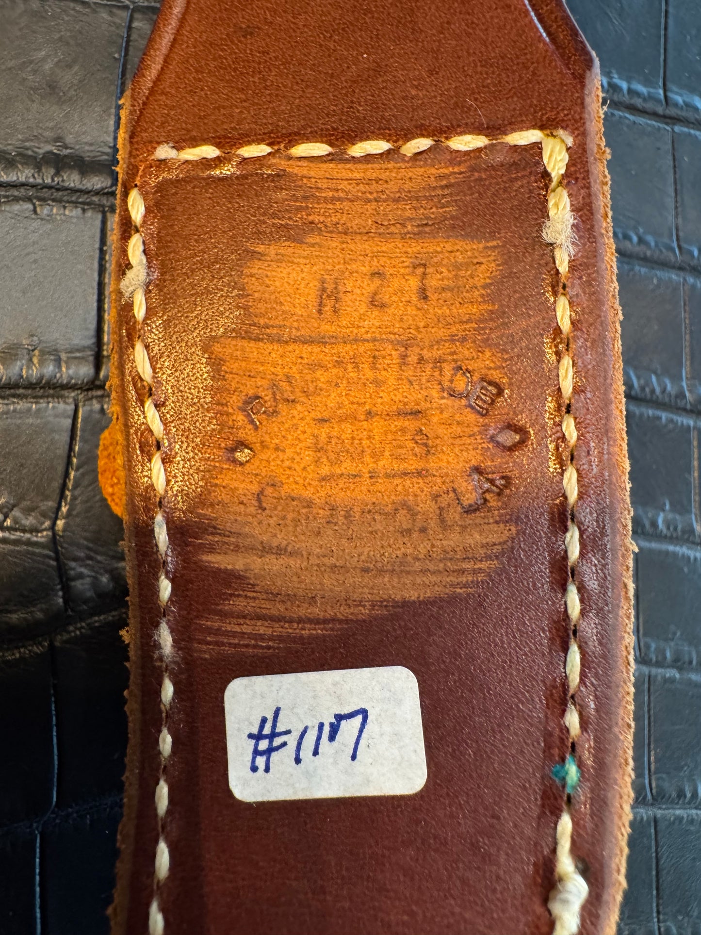 Randall Model 27 Mini (second) Sheath in Tan Leather made at Sullivans by Gutcher in Tampa Florida. Official sheath maker for Randall Knives.