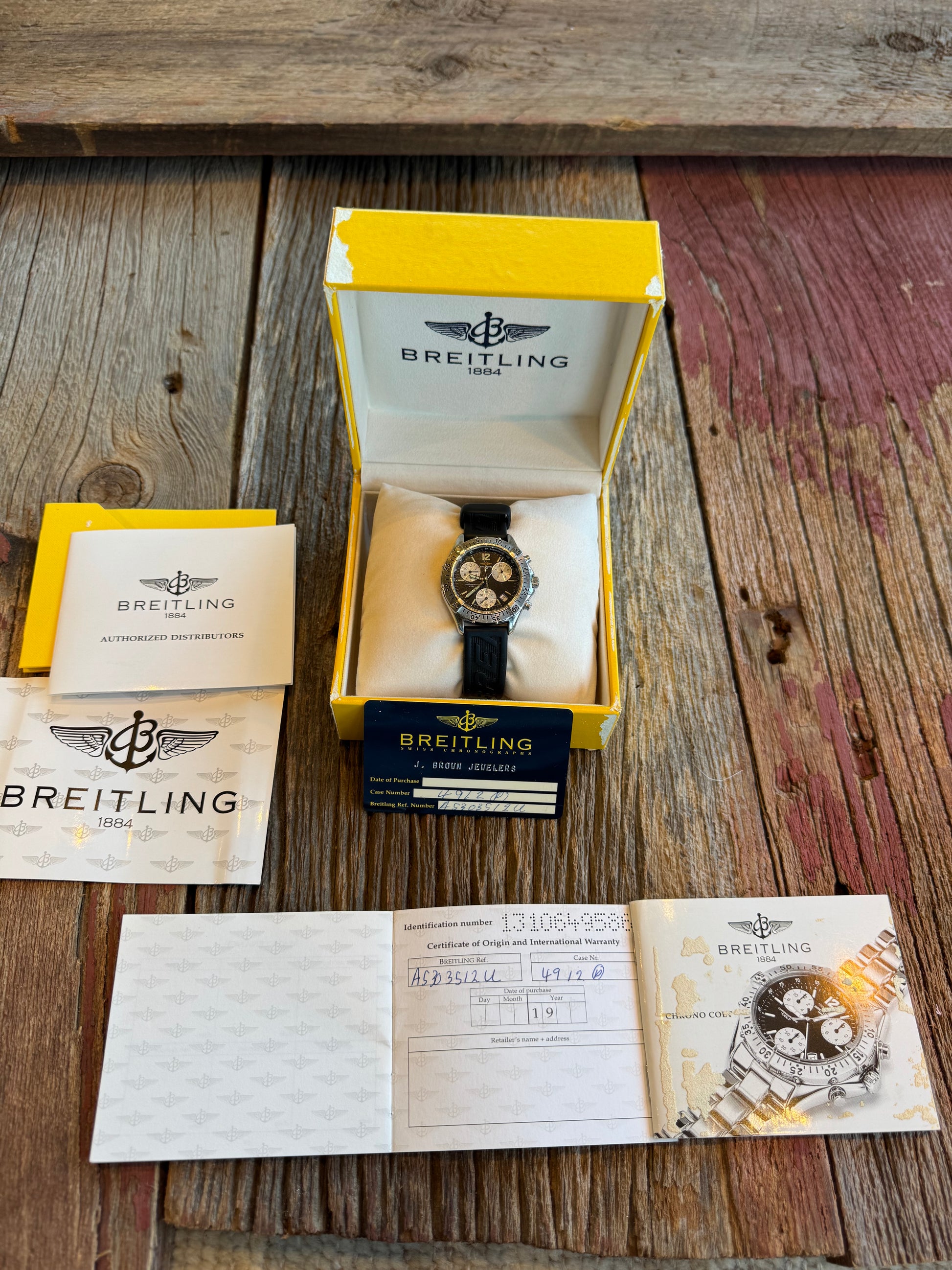 1999 Breitling Colt Chronograph. Black Dial with Breitling rubber divers strap. Ref A53035Box and papers included.