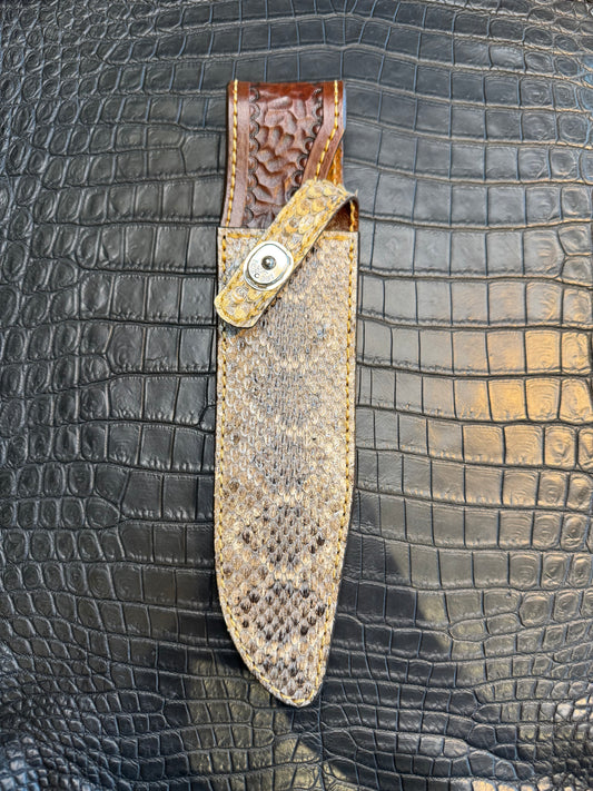 Randall Model 14 in rare Rattlesnake, Straight hilt, Canteen Snap, full brass stamping and stitching.