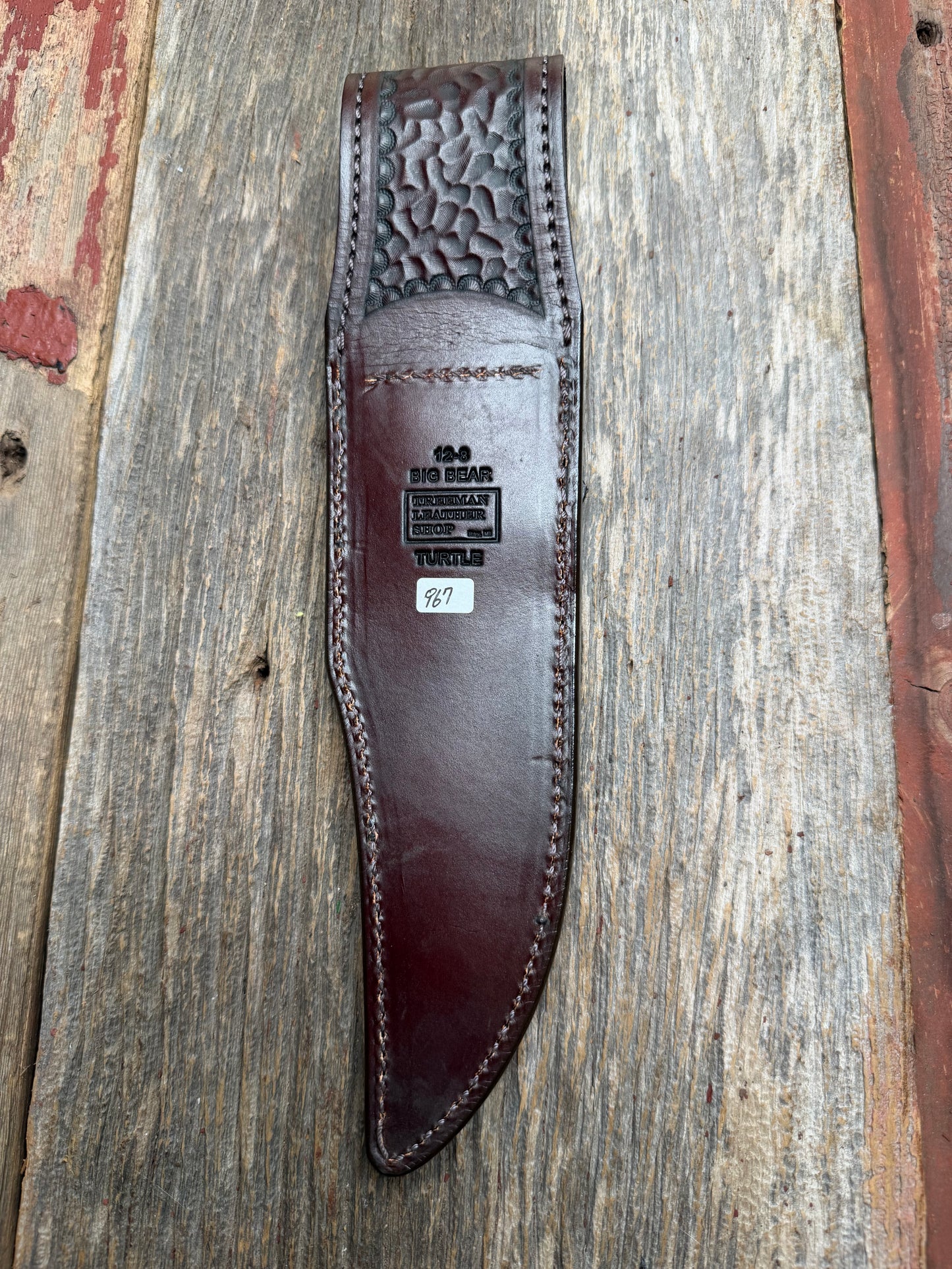Randall Model 12-8 “Big Bear” Sheath in Exotic Dark Brown Snapping Turtle by Treeman. FCH and new black canteen snap… Spiked Dragon tail portion of the turtle.