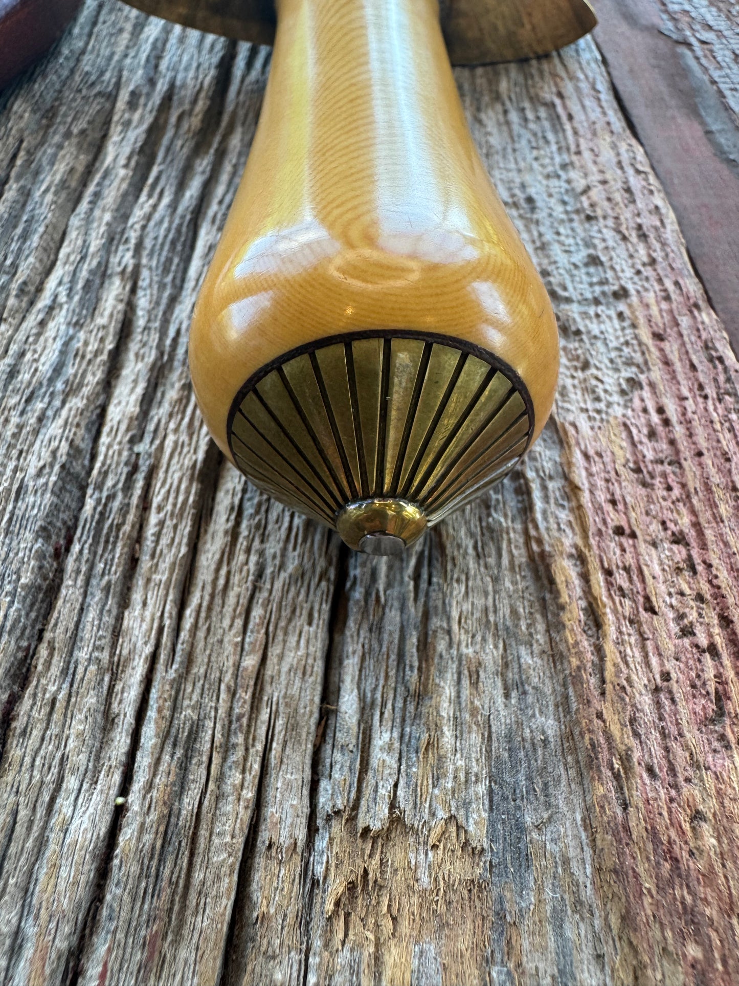 Randall Model Smithsonian in Yellow Westinghouse Micarta, Brass Lugged Hilt, Scalloped Collar and butt cap, Johnson Roughback sheath.