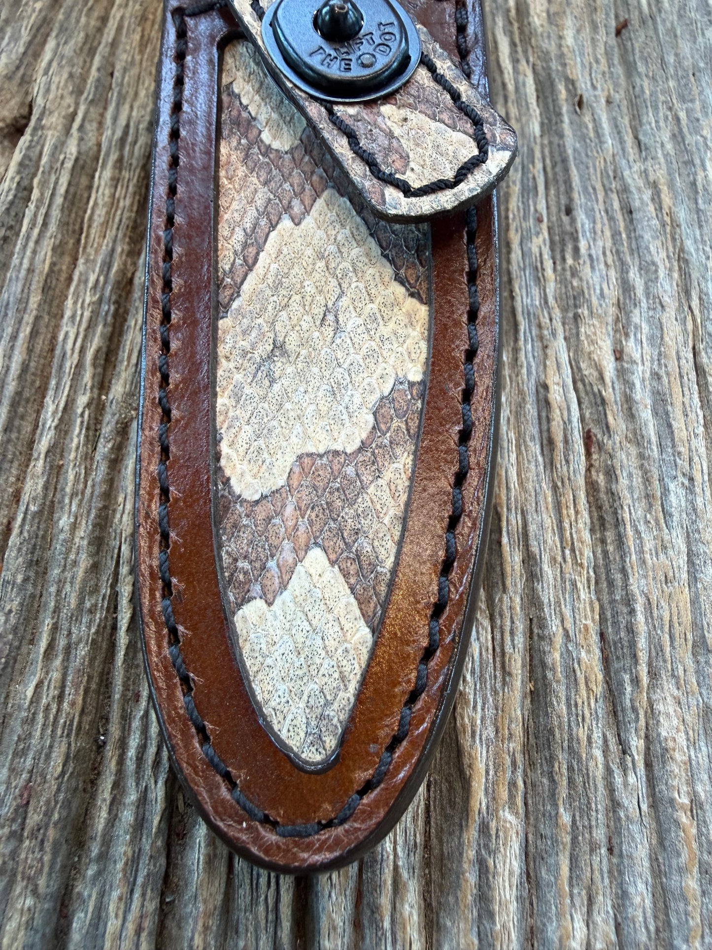 Randall Model 8-4 Sheath in Exotic Southern Copperhead from Treeman Sheaths. Black Canteen Snap. Stunning colors and pattern.