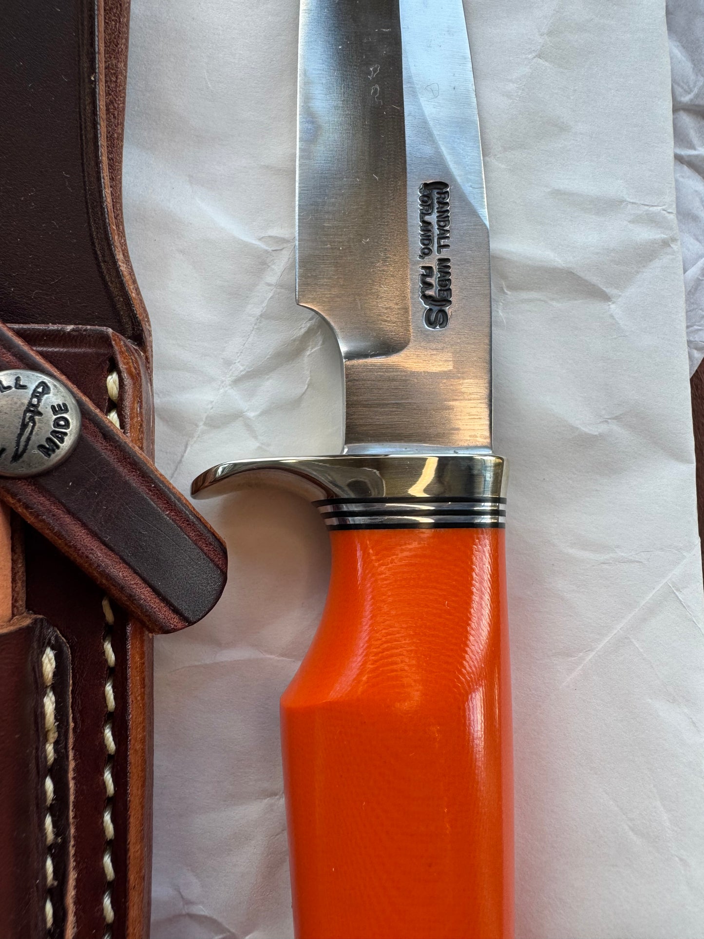 New in Paper Randall Knife Model Combat Companion Orange G10 Handle Stainless Steel, NSH Nickel Silver Single Hilt.