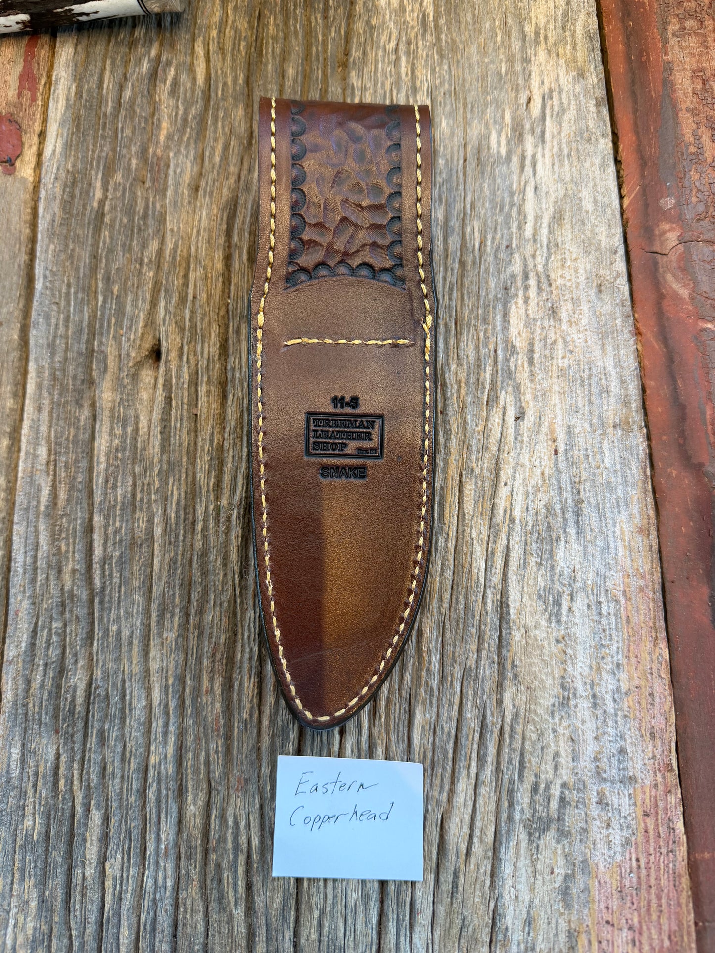 Randall Model 11-5 Sheath in Exotic Eastern Copperhead from Treeman Sheaths. Stunning colors and pattern.