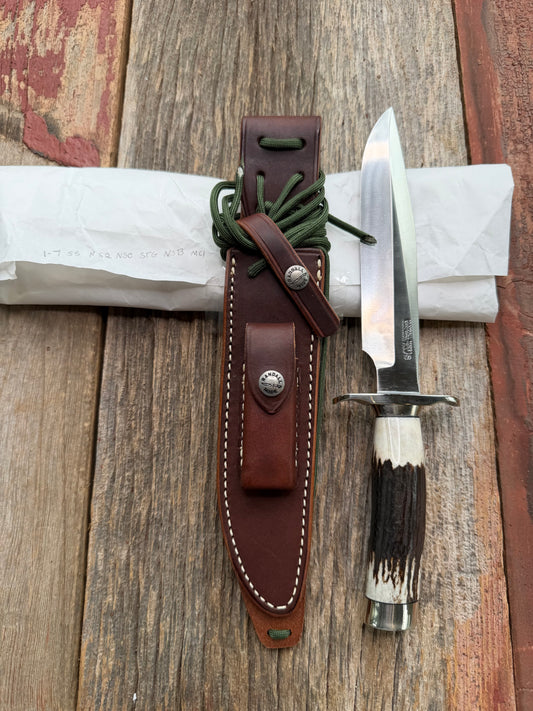 New in Paper Randall Made Knife Model 1-7 Dark Stag , Stainless, Nickel Silver Hilt, Aluminum butt cap. Nickel Silver Collar