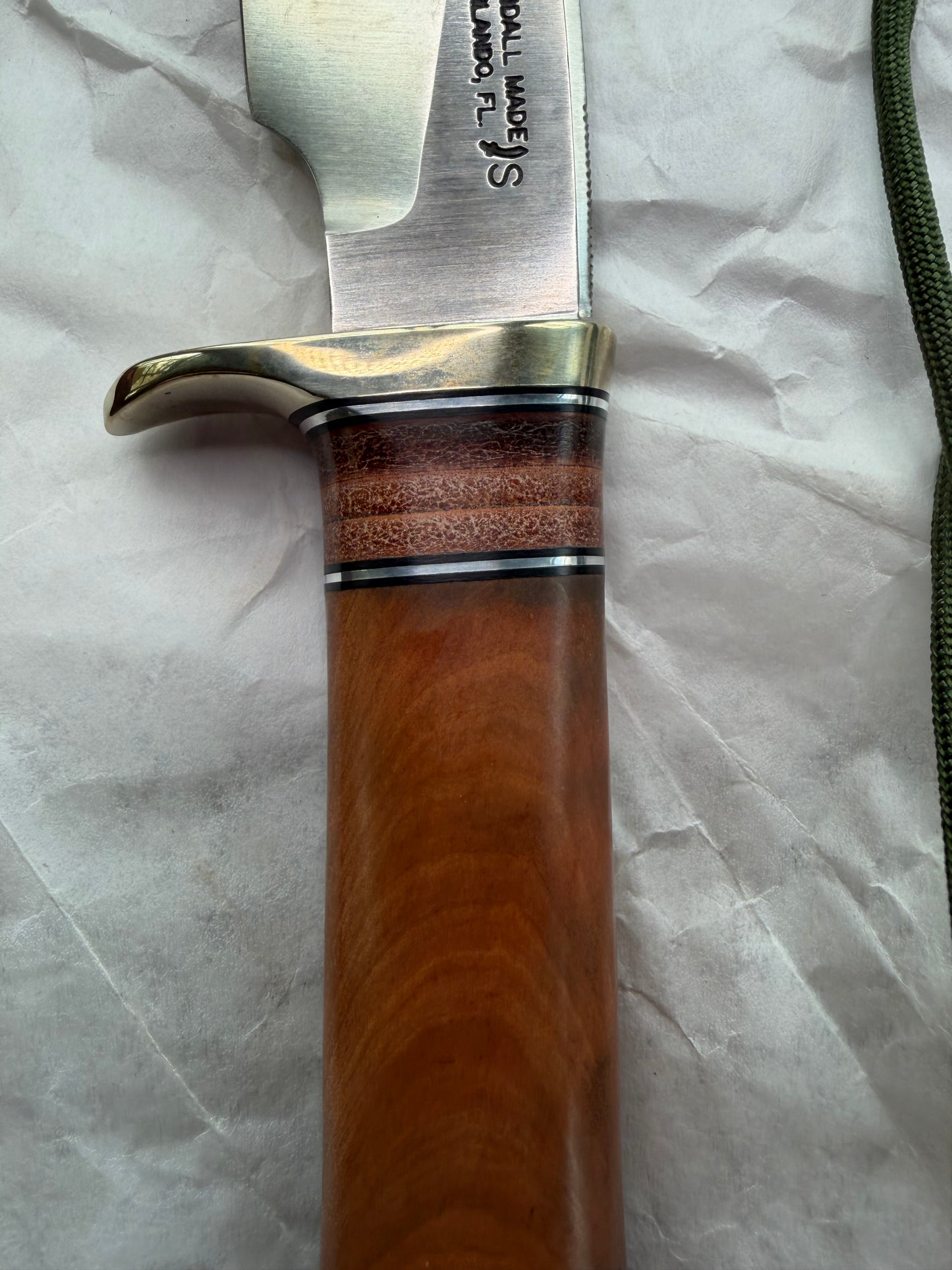 New in paper Randall Knife Model 25-5 Trapper in Thuya Wood and Leather Handle Stainless Blade, NSH Hilt