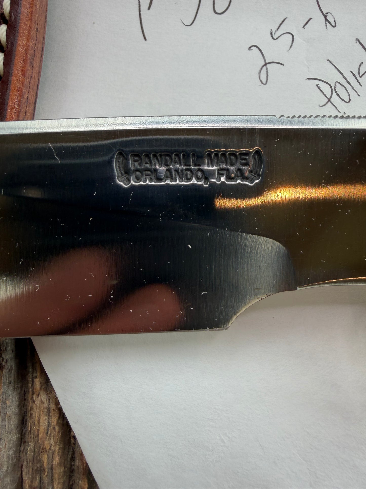 New in paper Randall Knife Model 25-6 Trapper in Polished Stag Leather Handle Stainless Blade, brass Hilt