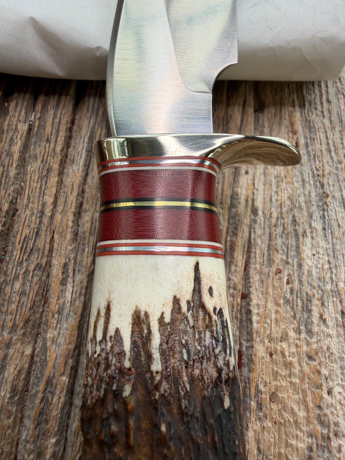 New in Paper Randall Made Knife Model 27-5 with a Stag handle, Stainless, Nickel silver single Hilt, red and aluminum spacers, loaded!!