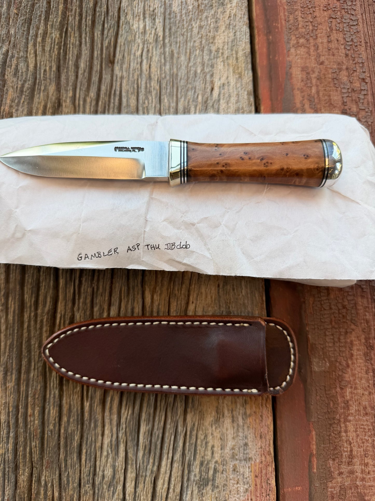New in Paper Randall Model “Gambler” 4 Inch in Thuya Wood, Nickel hilt, Stainless, black and aluminum spacers.