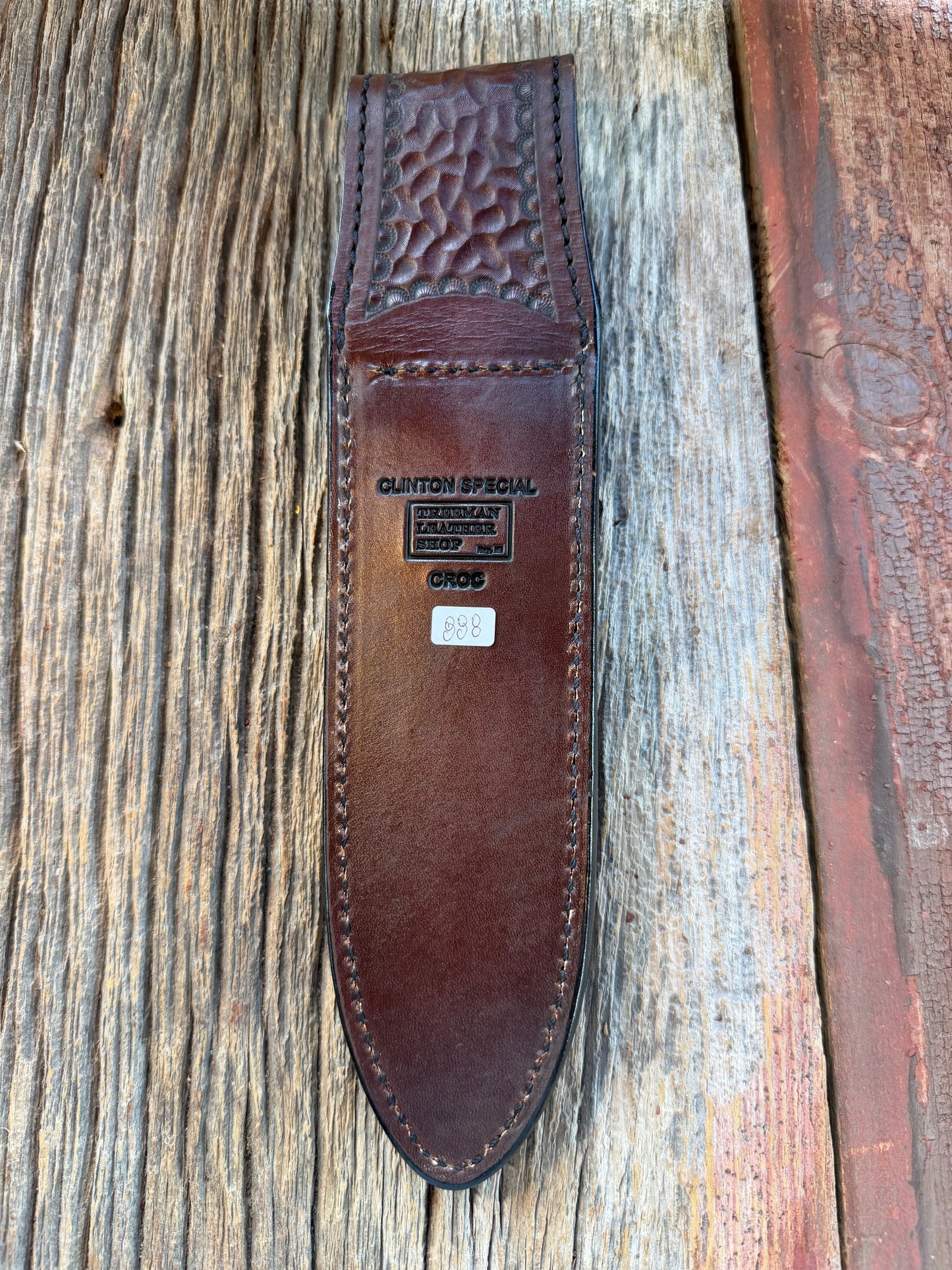New Randall Model Clinton Special Sheath in Exotic Dark Brown Sueded Crocodile ( Hornback) from Treeman with the newest Black Canteen snap.
