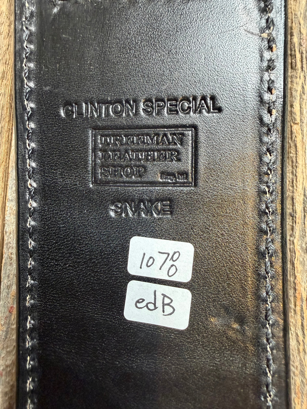 Randall Model Clinton Special sheath with an Eastern Diamondback RattleSnake skin from Treeman Sheaths. Hand tooled belt loop, canteen snap. One the hardest skins to source.